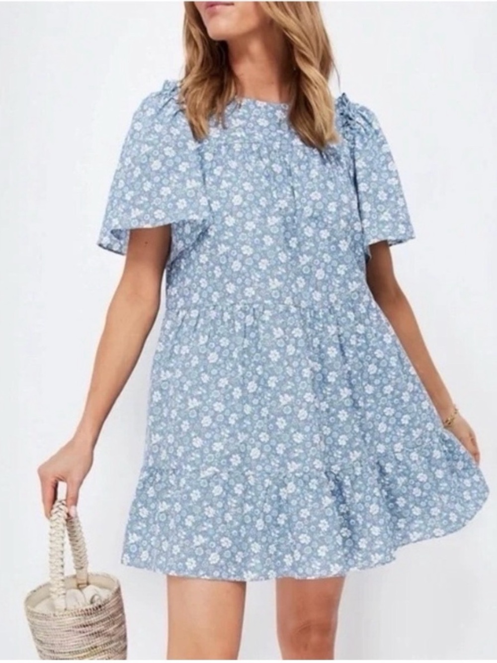 Hyacinth House Light Blue Floral Mini Dress with Flutter Sleeves